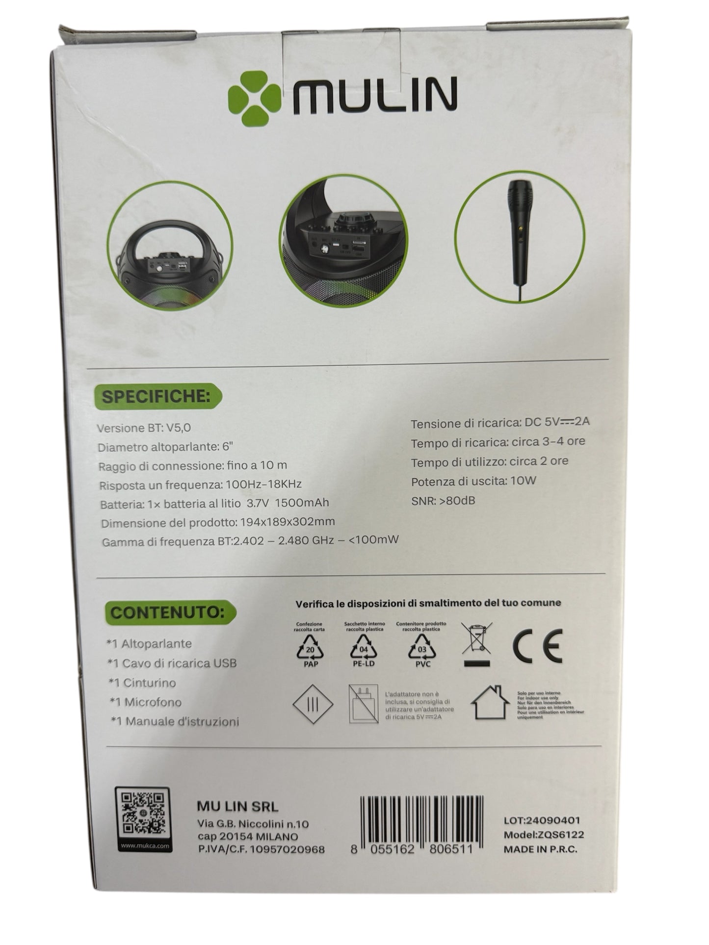 🎶 Altoparlante Wireless Mulin – Bluetooth con LED e Microfono