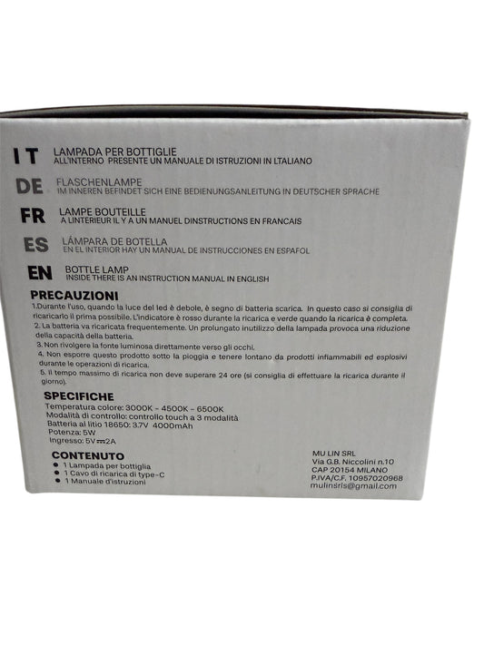 ✨ Lampada per Bottiglie Mulin – Ricaricabile | Finitura Oro