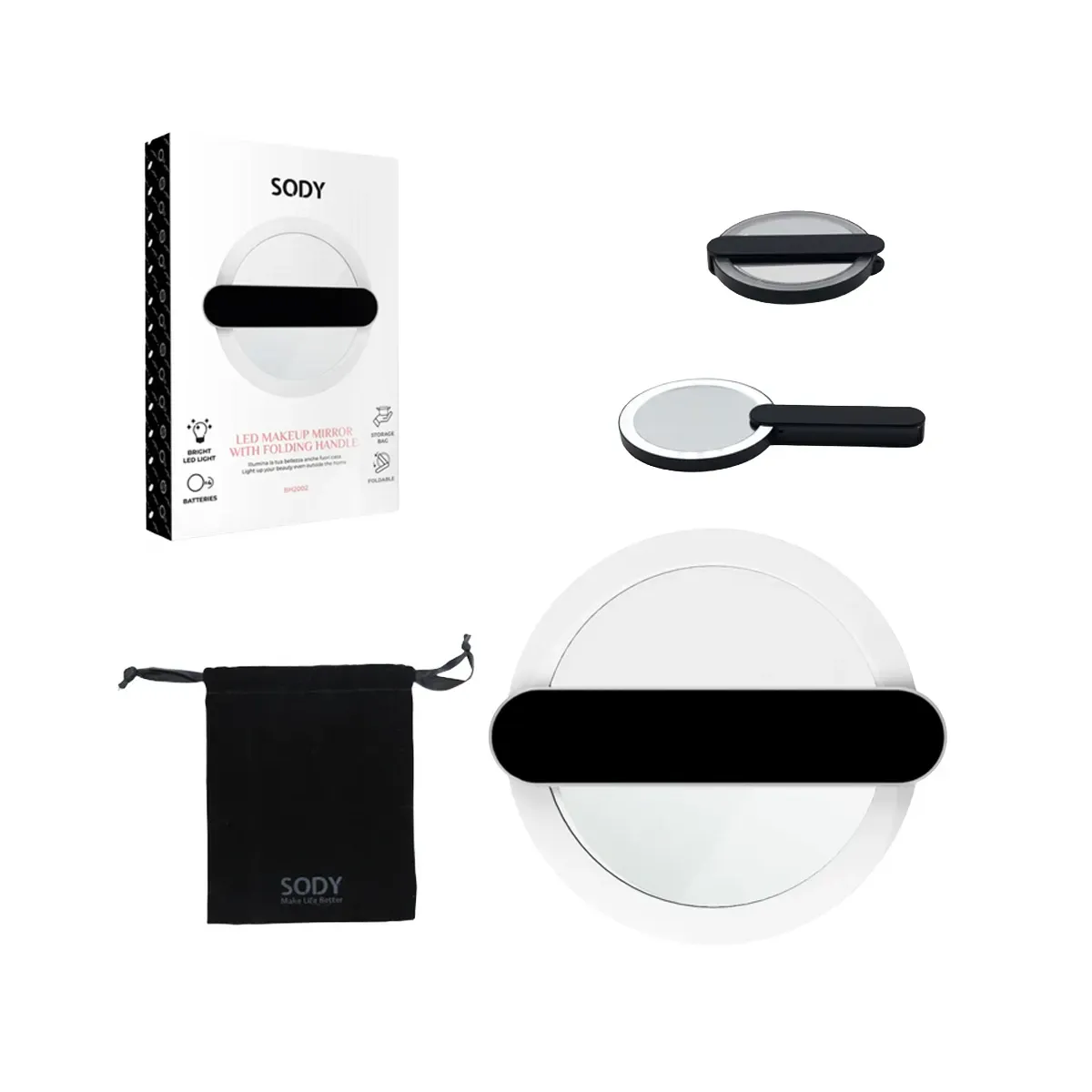 💄 Specchio Trucco LED SODY – Pieghevole con Manico e Custodia da Viaggio